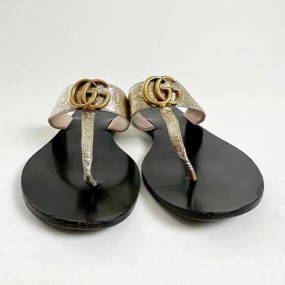 GUCCI Marmont Gold Sandal Size 38.5 US 8.5 Double GG Metallic Leather Flat Slide - Picture 6 of 15